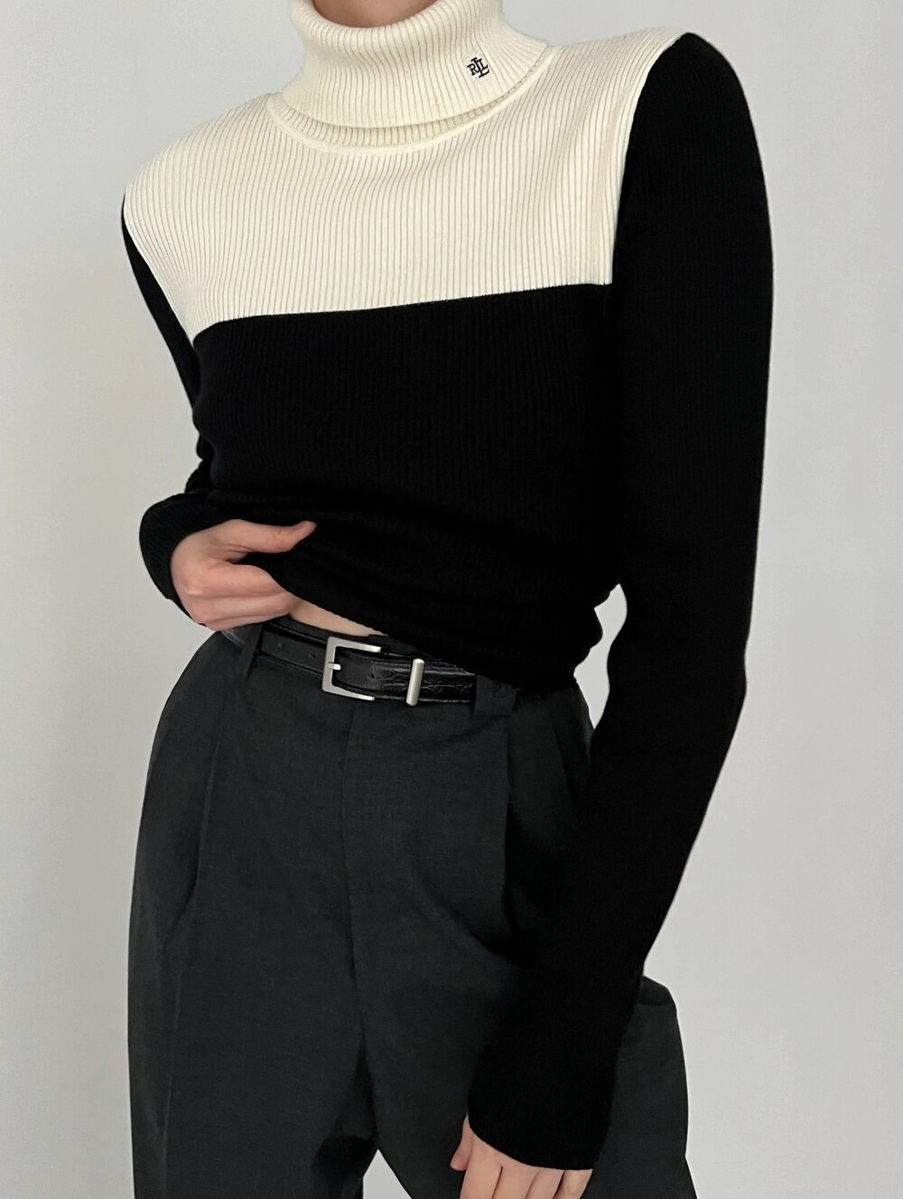 Lauren Ralph Lauren Black Ivory Colorblock Ribbed Turtleneck Sweater Large